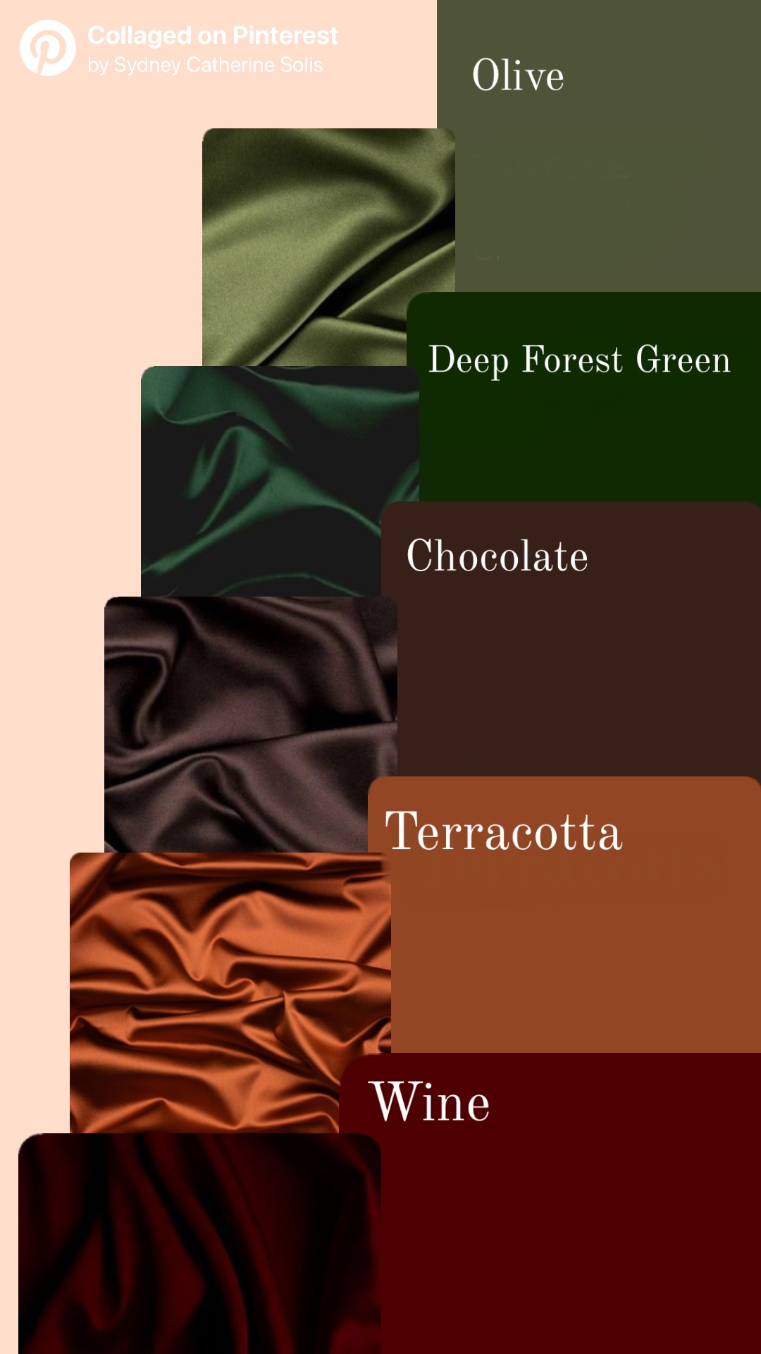Suggested wedding guest color palette: olive, deep forest green, chocolate, terracotta, and wine.